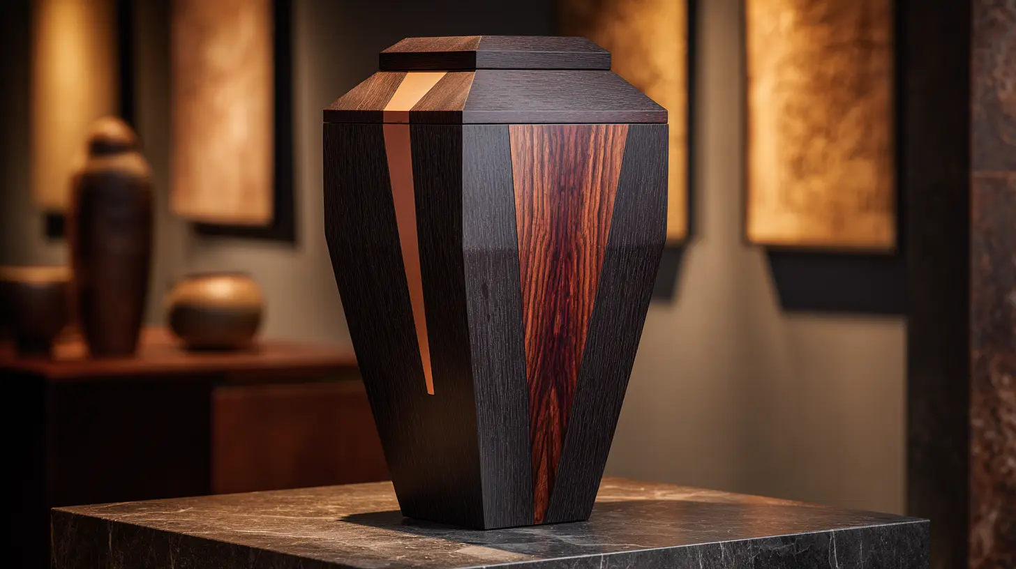 Handcrafted luxury wooden urn made of walnut wood with gold details